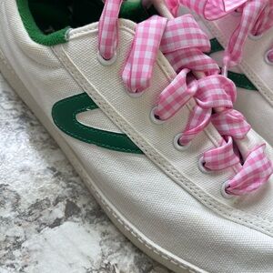 Women’s size 7.5 Tretorn White and Green Sneakers with Pink Gingham Laces